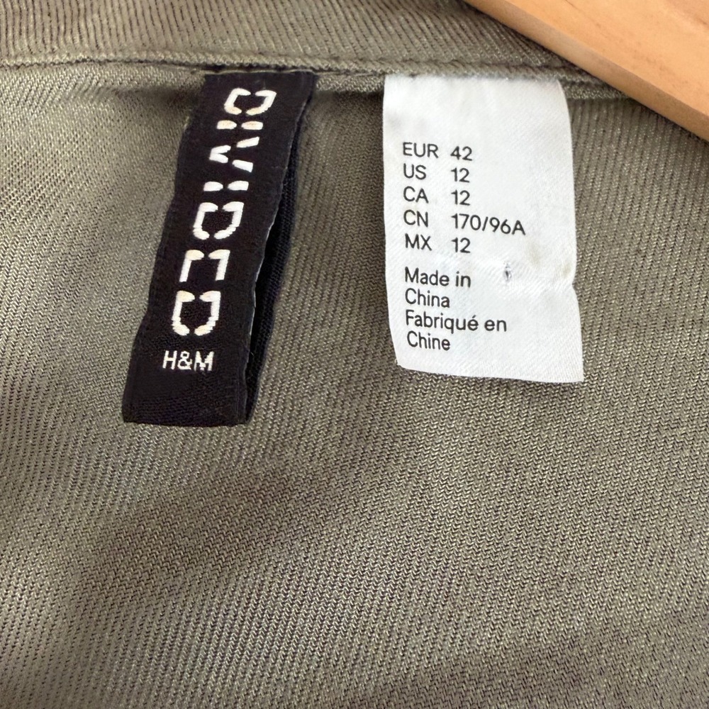 H&M Divided Olive Green Patch Utility Shirt Boss Lady Viscose Womens 12 - Picture 7 of 8